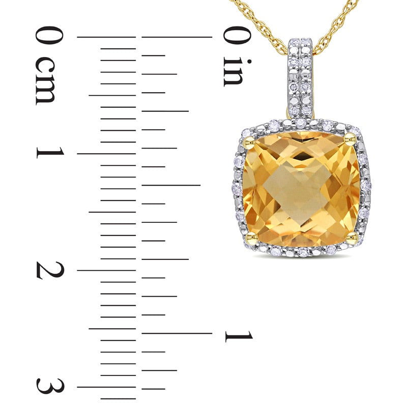 10.0mm Cushion-Cut Citrine and 0.1 CT. T.W. Natural Diamond Frame Pendant in 10K Yellow Gold - 17