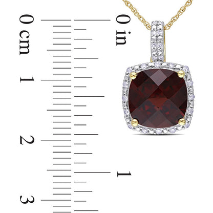 10.0mm Cushion-Cut Garnet and 0.1 CT. T.W. Natural Diamond Frame Pendant in 10K Yellow Gold - 17