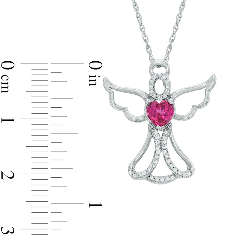 5.0mm Heart-Shaped Lab-Created Ruby and 0.13 CT. T.W. Diamond Angel Pendant in Sterling Silver