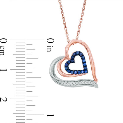 Lab-Created Blue Sapphire and 0.05 CT. T.W. Diamond Double Heart Pendant in Sterling Silver and 10K Rose Gold