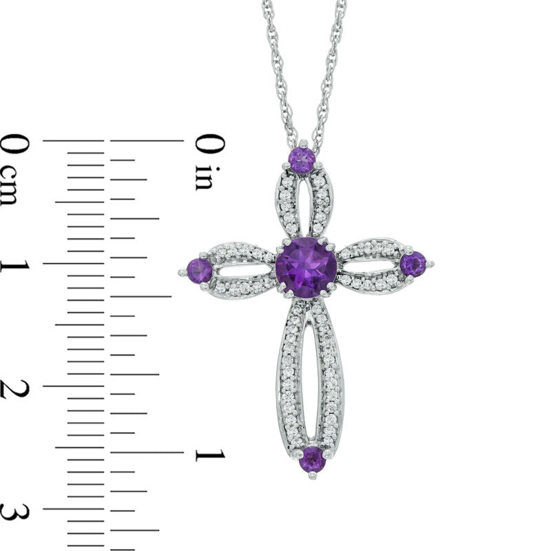 5.0mm Amethyst and 0.2 CT. T.W. Natural Diamond Cross Pendant in Sterling silver