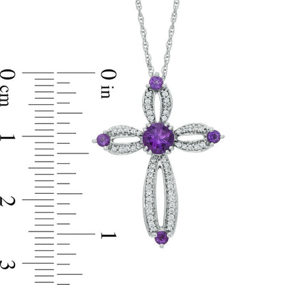 5.0mm Amethyst and 0.2 CT. T.W. Natural Diamond Cross Pendant in Sterling silver
