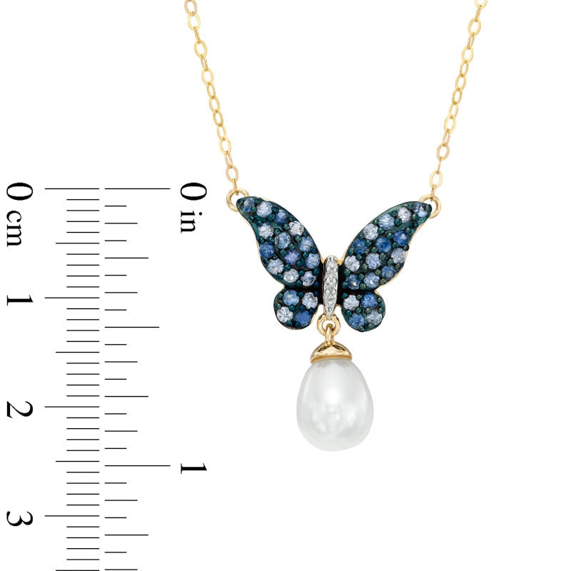 9.0mm Cultured Freshwater Pearl, Blue Sapphire and Natural Diamond Accent Butterfly Necklace in 10K Yellow Gold - 16.5