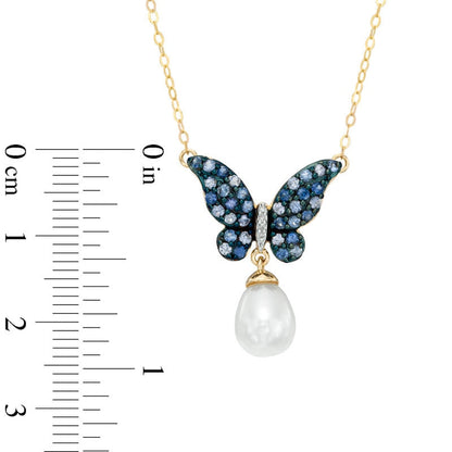 9.0mm Cultured Freshwater Pearl, Blue Sapphire and Natural Diamond Accent Butterfly Necklace in 10K Yellow Gold - 16.5