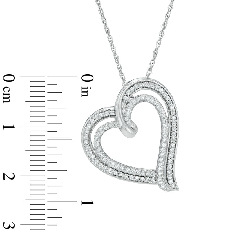 0.5 CT. T.W. Natural Diamond Double Row Tilted Heart Pendant in Sterling Silver