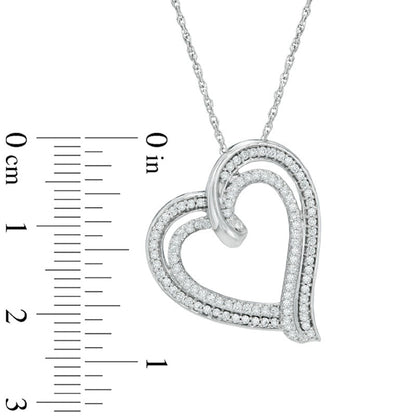 0.5 CT. T.W. Natural Diamond Double Row Tilted Heart Pendant in Sterling Silver