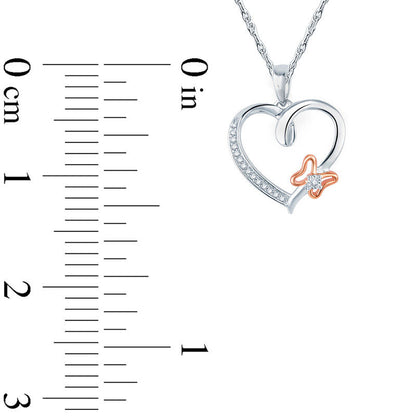 Natural Diamond Accent Heart with Butterfly Pendant in Sterling Silver and 14K Rose Gold Plate