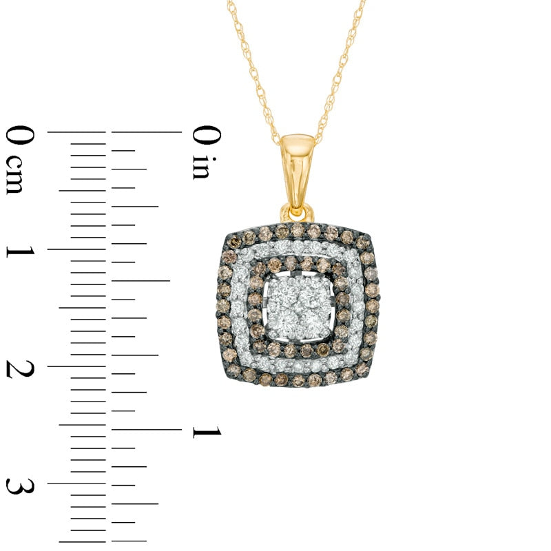 0.75 CT. T.W. Champagne and White Natural Diamond Alternating Square Frame Pendant in 14K Gold