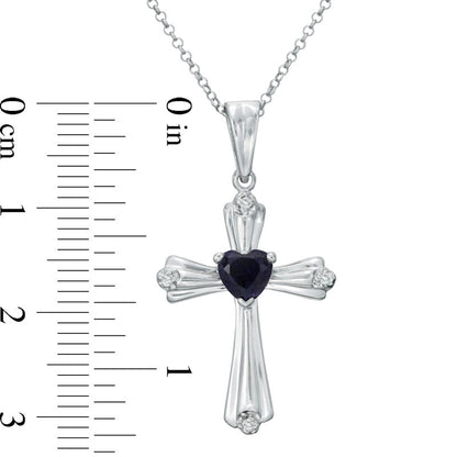 5.0mm Heart-Shaped Lab-Created Blue Sapphire and Diamond Accent Cross Pendant in Sterling Silver
