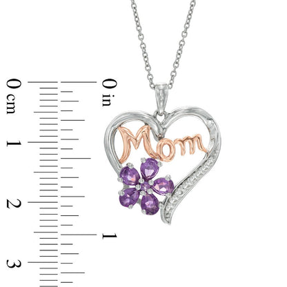 Pear-Shaped Amethyst and Lab-Created White Sapphire MOM" Heart Pendant in Sterling Silver and 14K Rose Gold Plate"