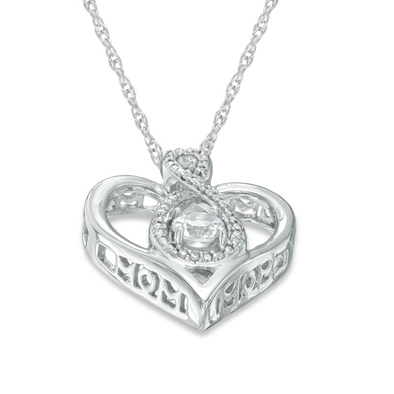 4.0mm Lab-Created White Sapphire and Diamond Accent Infinity Heart with MOM" Pendant in Sterling Silver"