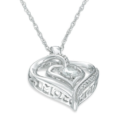 3.5mm Lab-Created White Sapphire and Diamond Accent Double Heart with MOM" Pendant in Sterling Silver"