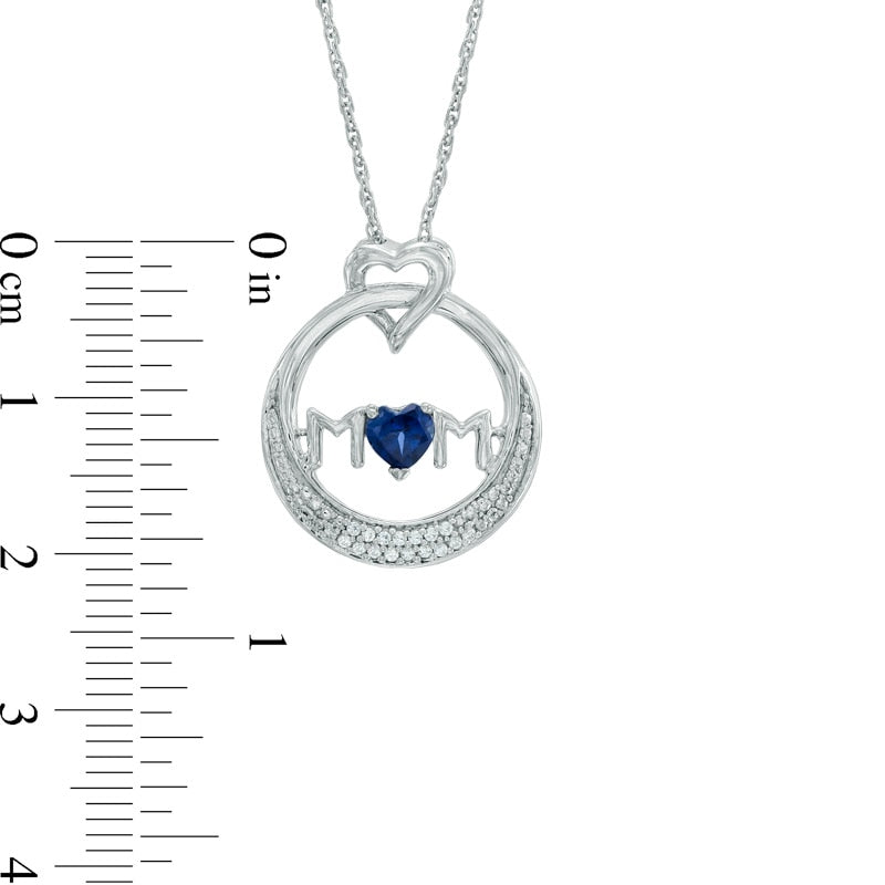 4.0mm Heart-Shaped Lab-Created Blue Sapphire and 0.05 CT. T.W. Diamond MOM" Circle Pendant in Sterling Silver"