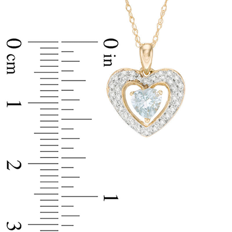 5.0mm Heart-Shaped Aquamarine and 0.13 CT. T.W. Natural Diamond Frame Heart Pendant in 10K Yellow Gold