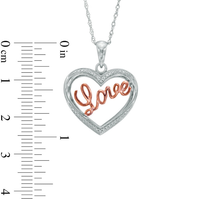 Natural Diamond Accent Heart with Cursive Love" Pendant in Sterling Silver and 10K Rose Gold Plate"