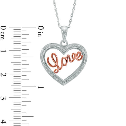 Natural Diamond Accent Heart with Cursive Love" Pendant in Sterling Silver and 10K Rose Gold Plate"