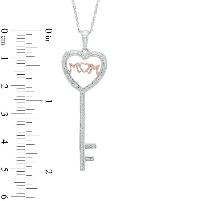 Natural Diamond Accent Heart-Top Key with MOM" Pendant in Sterling Silver and 10K Rose Gold Plate"