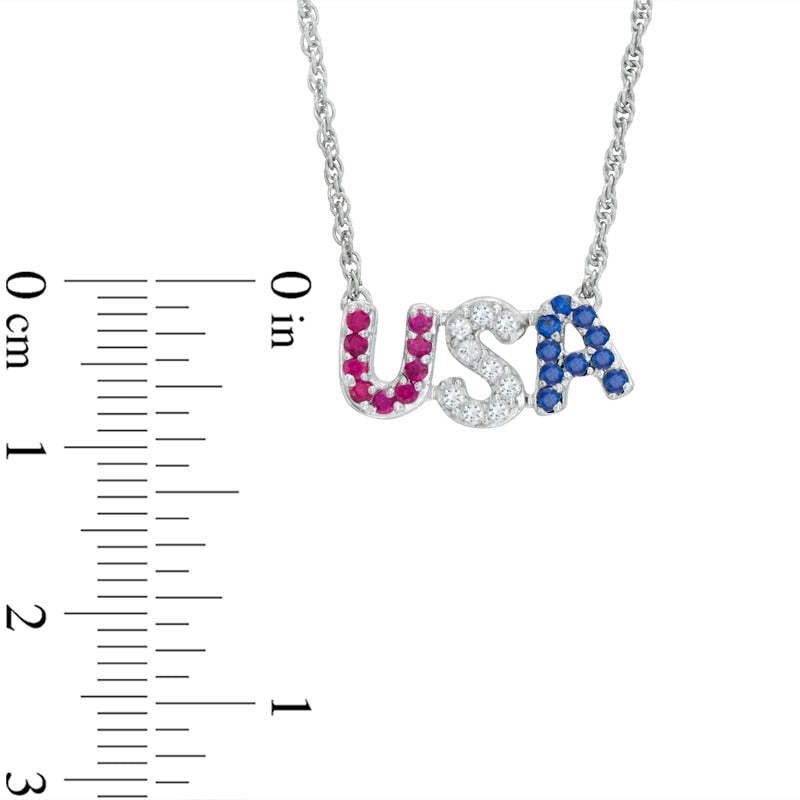 Lab-Created Ruby and White and Blue Sapphire USA" Necklace in Sterling Silver - 17.5""