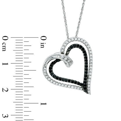 0.5 CT. T.W. Enhanced Black and White Natural Diamond Tilted Double Heart Pendant in Sterling Silver