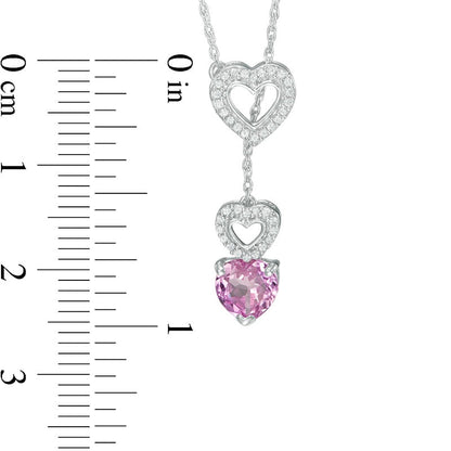 6.0mm Lab-Created Pink Sapphire and 0.1 CT. T.W. Diamond Heart Lariat Necklace in Sterling Silver