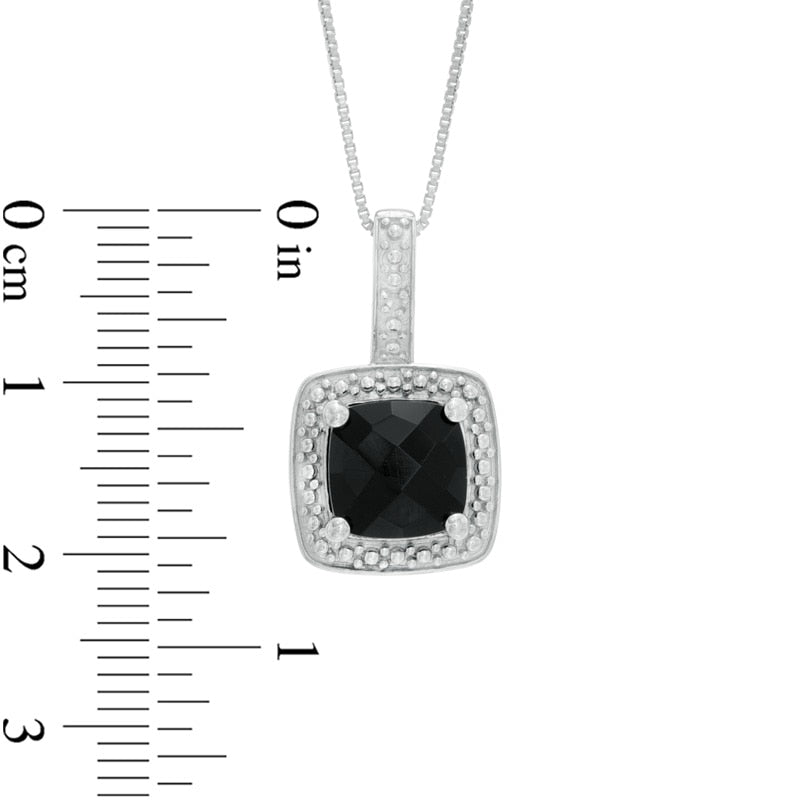 8.0mm Princess-Cut Onyx and Natural Diamond Accent Frame Pendant in Sterling Silver