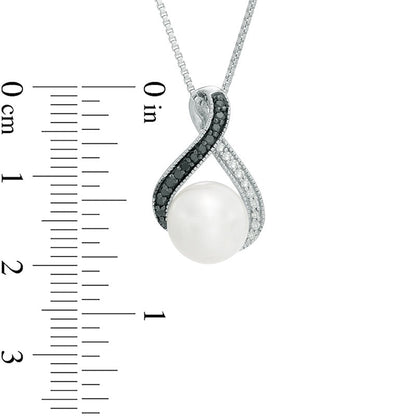 9.0mm Cultured Freshwater Pearl and 0.13 CT. T.W. Enhanced Black and White Natural Diamond Loop Pendant in Sterling Silver