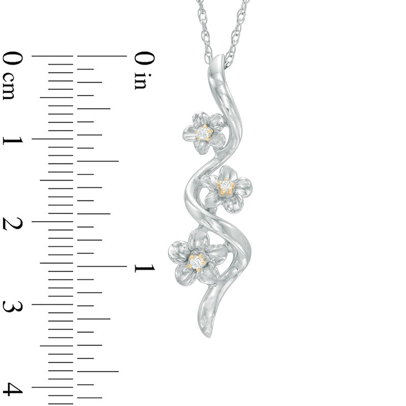 Natural Diamond Accent Triple Pinwheel Flower Drop Pendant in Sterling Silver and 10K Yellow Gold