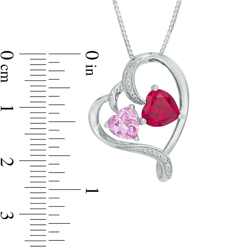 Lab-Created Pink Sapphire, Ruby and Diamond Accent Tilted Heart Pendant in Sterling Silver