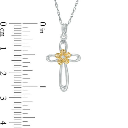 Natural Diamond Accent Looped Cross Flower Pendant in Sterling Silver and 10K Yellow Gold