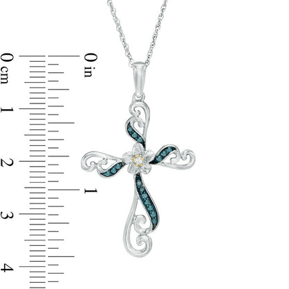 0.1 CT. T.W. Enhanced Blue and White Natural Diamond Cross Flower Pendant in Sterling Silver and 10K Yellow Gold