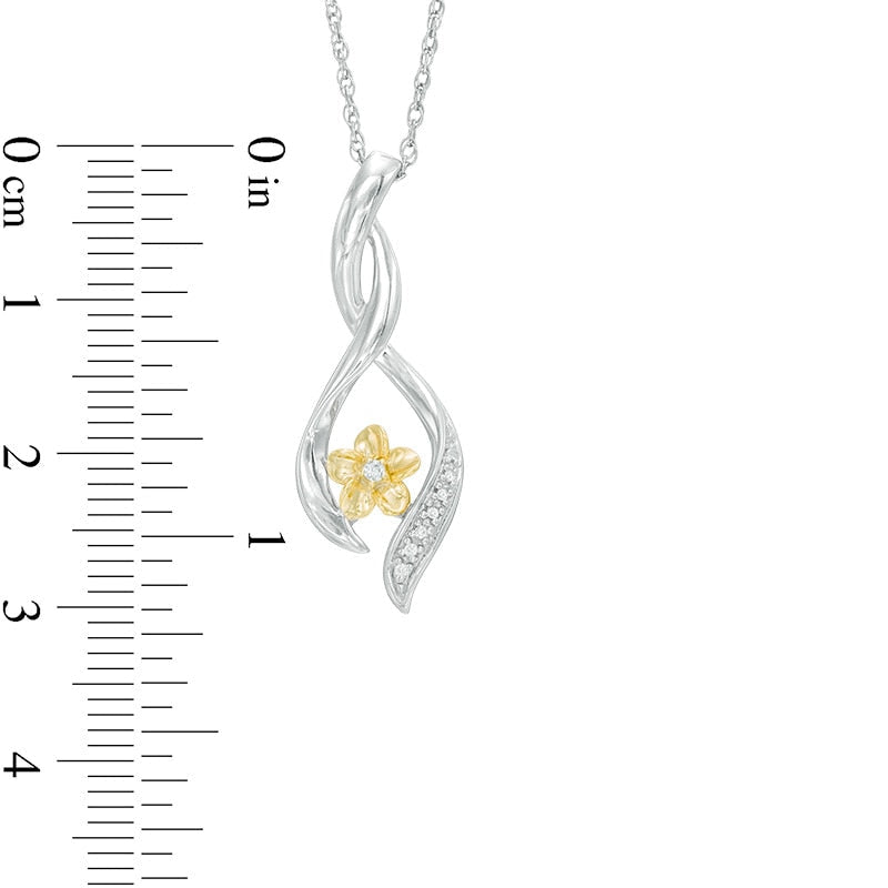 Natural Diamond Accent Twist Ribbon Flower Pendant in Sterling Silver and 10K Yellow Gold