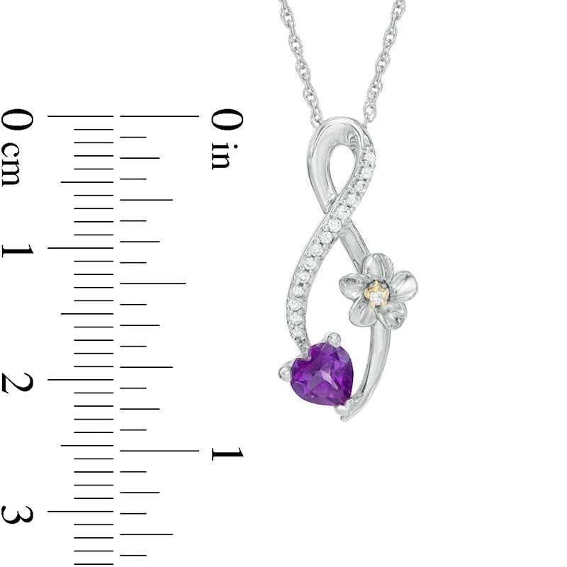 5.0mm Heart-Shaped Amethyst and Natural Diamond Accent Infinity with Flower Pendant in Sterling Silver and 10K Yellow Gold