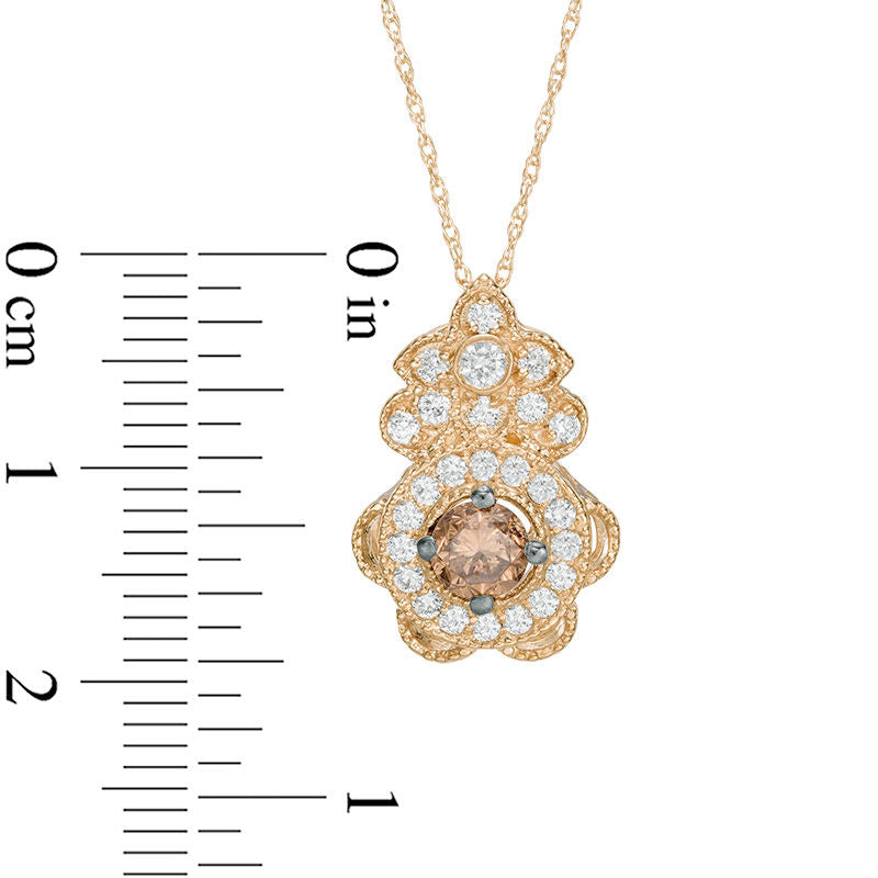 0.88 CT. T.W. Champagne and White Natural Diamond Flower Pendant in 14K Gold