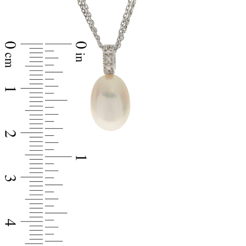 9.0 - 10.0mm Oval Cultured Freshwater Pearl and Natural Diamond Accent Pendant in Sterling Silver