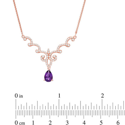 Pear-Shaped Amethyst and Lab-Created White Sapphire Scallop Necklace in Sterling Silver and 14K Rose Gold Plate - 17