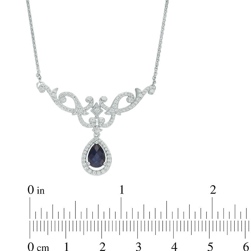 Pear-Shaped Lab-Created Blue and White Sapphire Scroll Necklace in Sterling Silver - 17