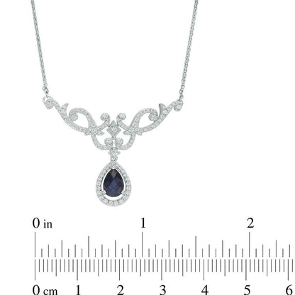 Pear-Shaped Lab-Created Blue and White Sapphire Scroll Necklace in Sterling Silver - 17