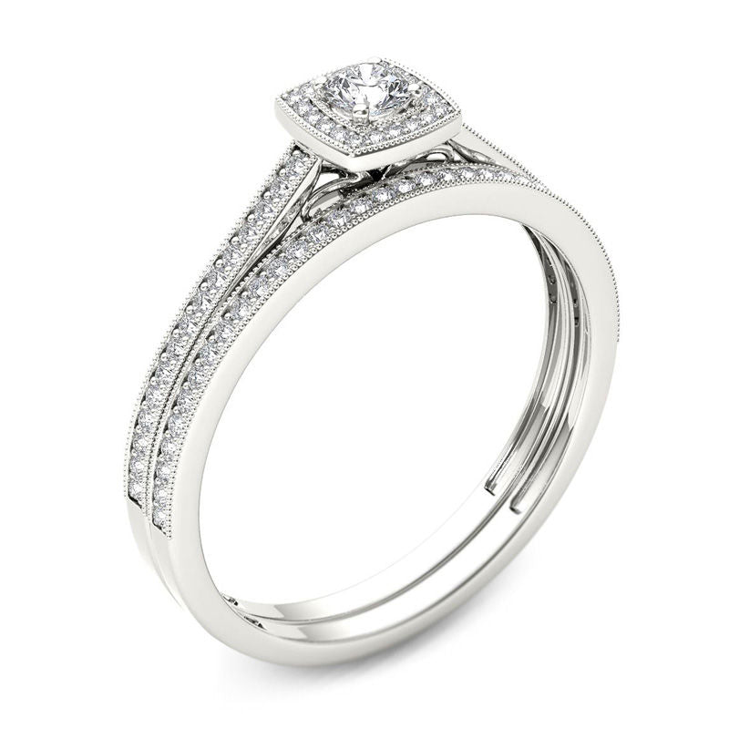 1/3 CT. T.W. Diamond Cushion Frame Vintage-Style Bridal Engagement Ring Set in 14K White Gold