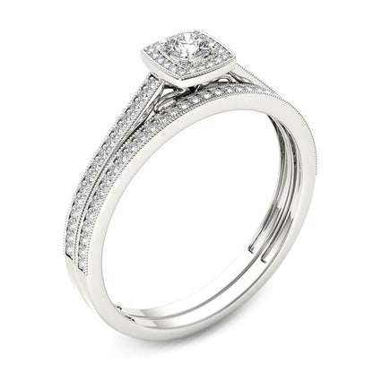 1/3 CT. T.W. Diamond Cushion Frame Vintage-Style Bridal Engagement Ring Set in 14K White Gold