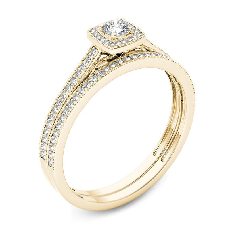 1/3 CT. T.W. Diamond Cushion Frame Vintage-Style Bridal Engagement Ring Set in 14K Gold