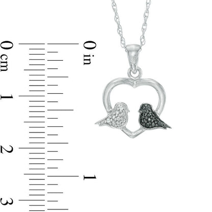 Enhanced Black and White Natural Diamond Accent Love Birds in Heart Pendant in Sterling Silver