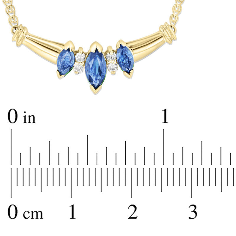 Marquise Blue Sapphire and Natural Diamond Accent Three Stone Necklace in 14K Gold - 16