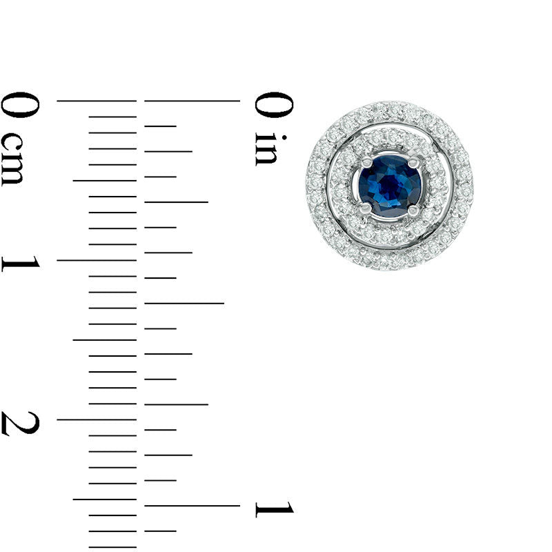 4.0mm Blue Sapphire and 0.33 CT. T.W. Diamond Double Frame Stud Earrings in 14K White Gold