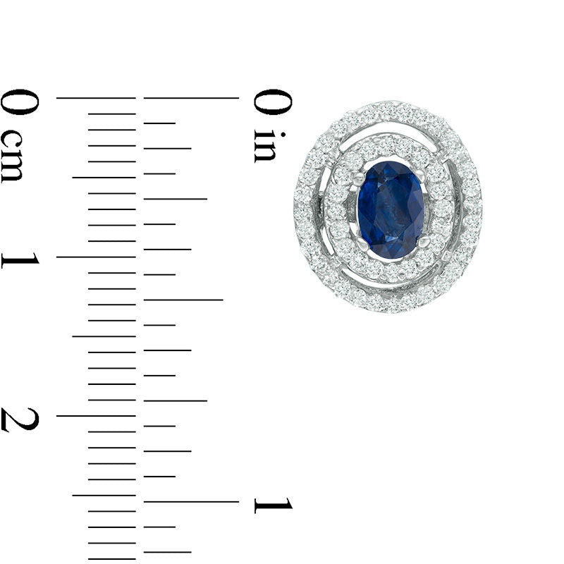 Oval Blue Sapphire and 0.75 CT. T.W. Diamond Double Frame Stud Earrings in 14K White Gold