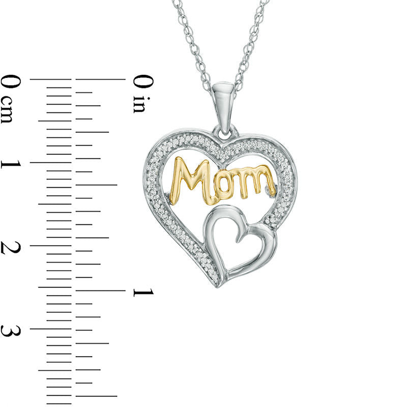 0.1 CT. T.W. Natural Diamond Mom" Double Heart Pendant in Sterling Silver and 10K Yellow Gold"