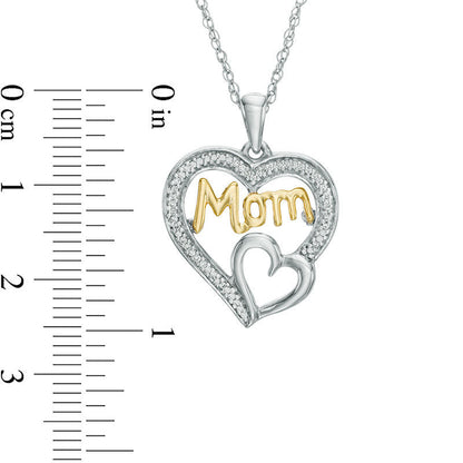 0.1 CT. T.W. Natural Diamond Mom" Double Heart Pendant in Sterling Silver and 10K Yellow Gold"