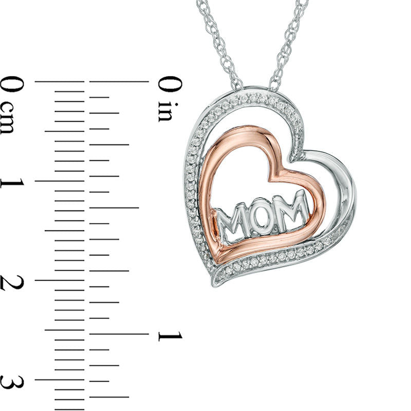 0.1 CT. T.W. Natural Diamond MOM" Tilted Double Heart Pendant in Sterling Silver and 10K Rose Gold"