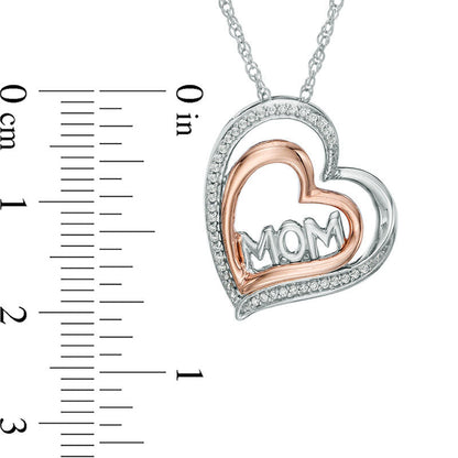 0.1 CT. T.W. Natural Diamond MOM" Tilted Double Heart Pendant in Sterling Silver and 10K Rose Gold"