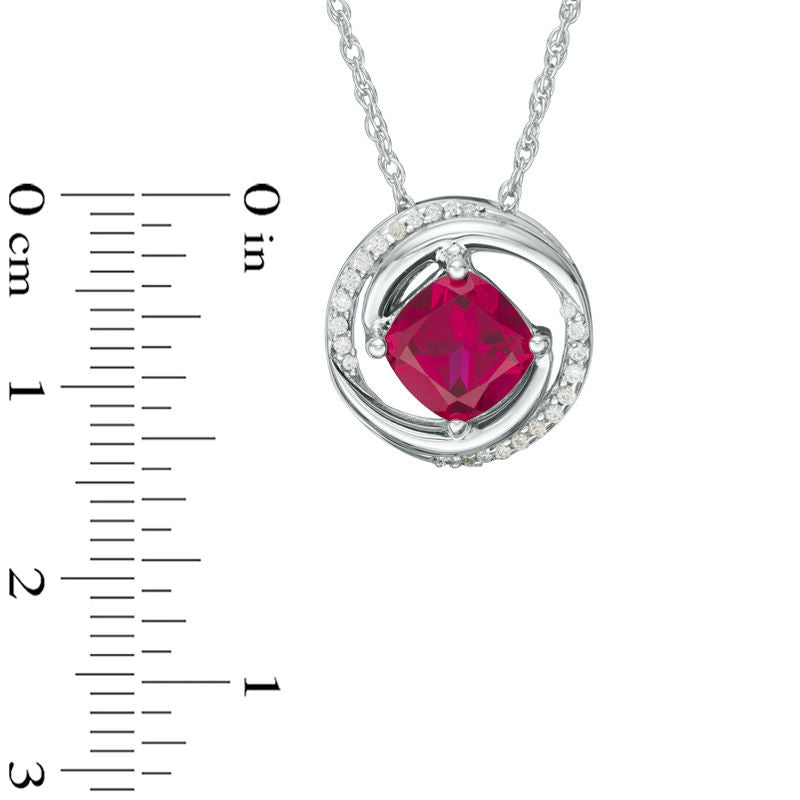 7.0mm Cushion-Cut Lab-Created Ruby and 0.1 CT. T.W. Diamond Swirling Circle Pendant in Sterling Silver