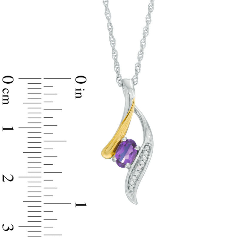 Oval Amethyst and Natural Diamond Accent Abstract Wishbone Pendant in Sterling Silver and 10K Yellow Gold